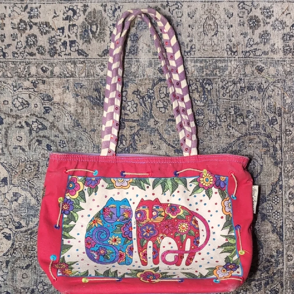 Laurel Burch Canvas Red Pink and Purple Kitty Tote